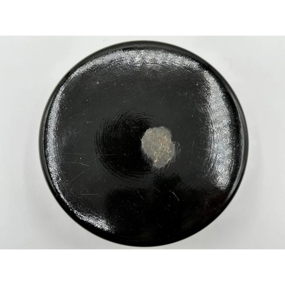 Vintage Black Lacquer Straw Marquetry Bird Trinket Box Round Folk Art 5x2